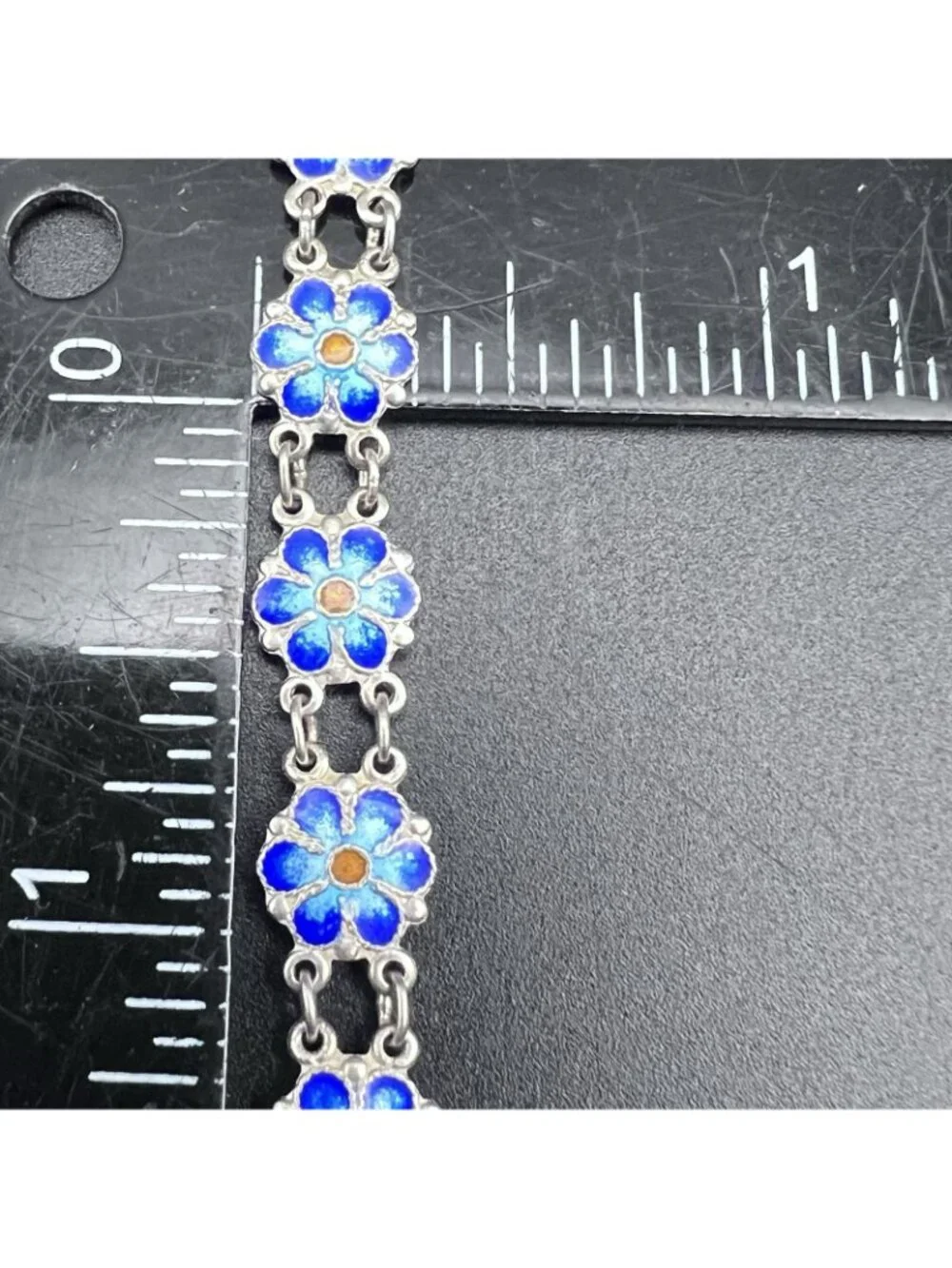 Vintage Sterling Silver Blue Enamel Forget-Me-Not Panel Link Bracelet 7.5